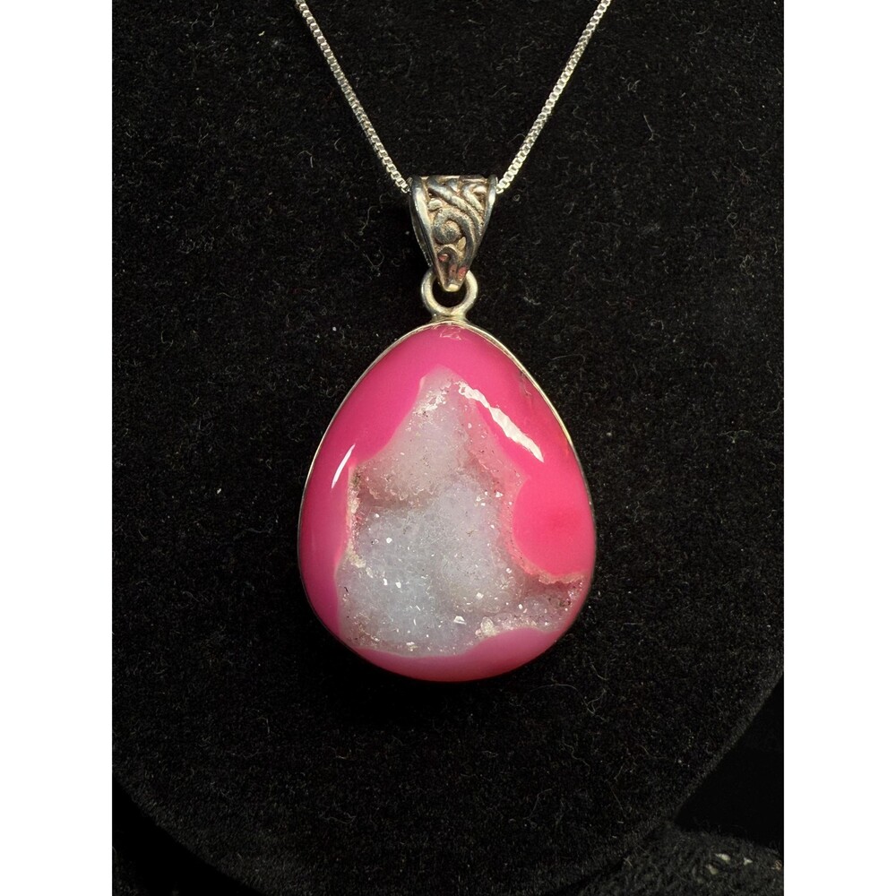 Sterling Silver Druzy Agate Pendant Necklace 925 Italy Chain Pink Geode